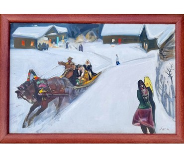 Щемелёв Л.Д "Снежаньскае вяселле", 1989 г. Холст, масло. Размер с родной рамой 101х72 см. № 4090 (артикул №4090) - фото №6