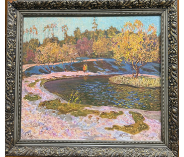 Громыко В.А "Мартовский снег у Свислочи", 1994 г. Холст, масло. Размер с родной рамой 71х65 см. № 4123 (артикул №4123) - фото №1