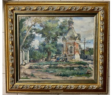 Воронов Н.М. "Улица в Куйбышеве", 1947 г. Холст, масло. Размер с деревянной рамой 74х67 см. (артикул №173) - фото №2