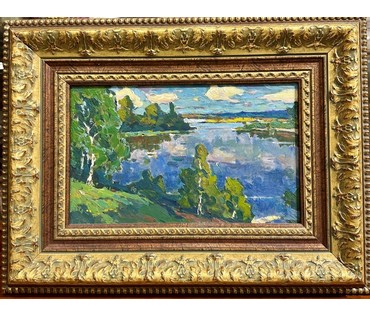 Шибнёв А.Д "Озеро в Заславле",1965 год. Картон, масло. Размер с рамой 40х52,5 см. (артикул №208) - фото №1