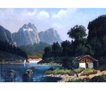 Картина"Маленький причал на берегу горного озера". Schmidt Eduard (1806-1862). Германия. (артикул №284) - фото №1