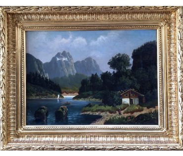 Картина"Маленький причал на берегу горного озера". Schmidt Eduard (1806-1862). Германия. (артикул №284) - фото №2